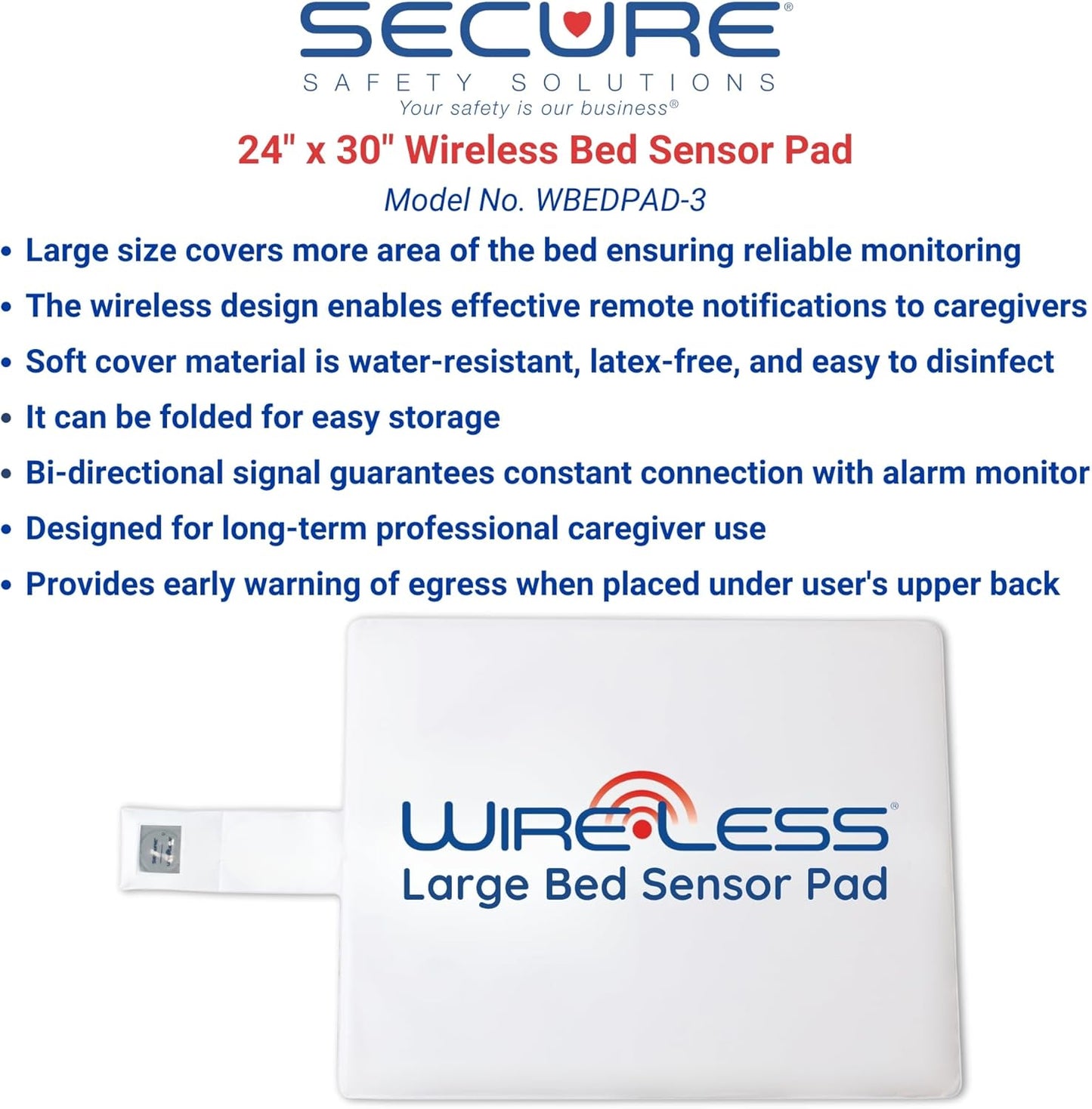Secure Large Bed Alarm for Elderly Adults - Wireless Sensor Pad (24" x 30") & Monitor with Power Adapter - Fall Prevention and Wander Guard Safety for Dementia Patients Seniors