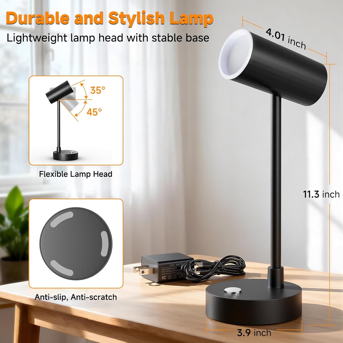 ShineTech Adjustable LED Eye-Caring Desk Lamp, Dimmable Stepless Brightness, 3 Color Modes, Touch Nightstand Lamp for Home Office, Study, Bedroom, Black