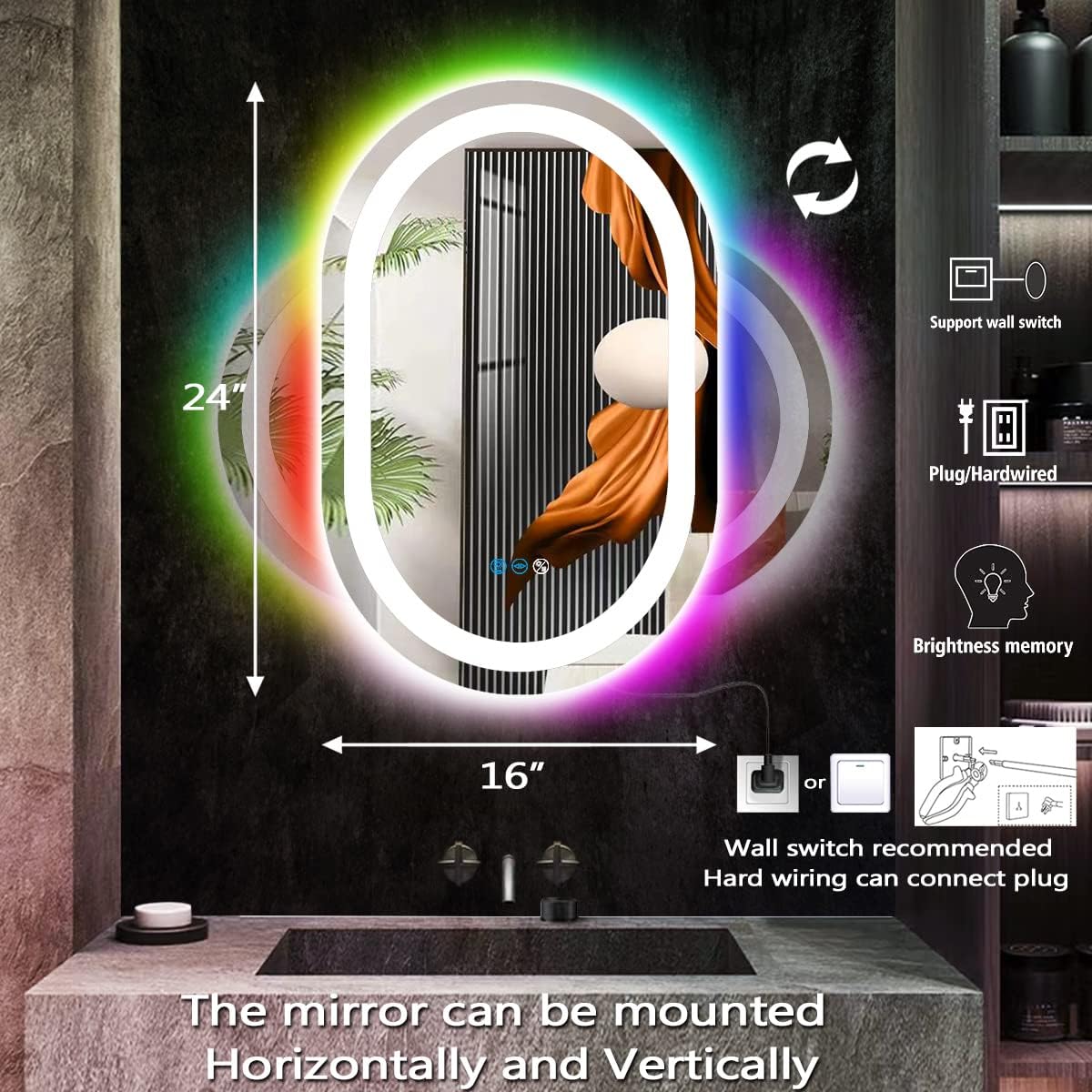 THEKLA 16 x 24 Inch Oval LED Vanity Mirror with Lights Smart Dimmable 3 Color+ Rainbow RGB Color Changing Backlit 24" Oval Lighted Mirror for Bathroom Wall Horizontal/Vertical Mount Anti-Fog