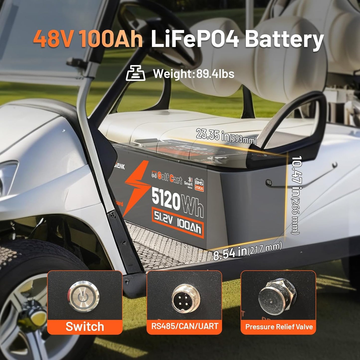 48V 100Ah Golf Cart Battery with Cylindrical Cell & Metal Case, LiFePO4 Lithium Battery with 15A Charger, Bluetooth APP & LCD Monitor, 15000+ Cycles, 200A BMS with Low-Temp Protection for Golf Carts