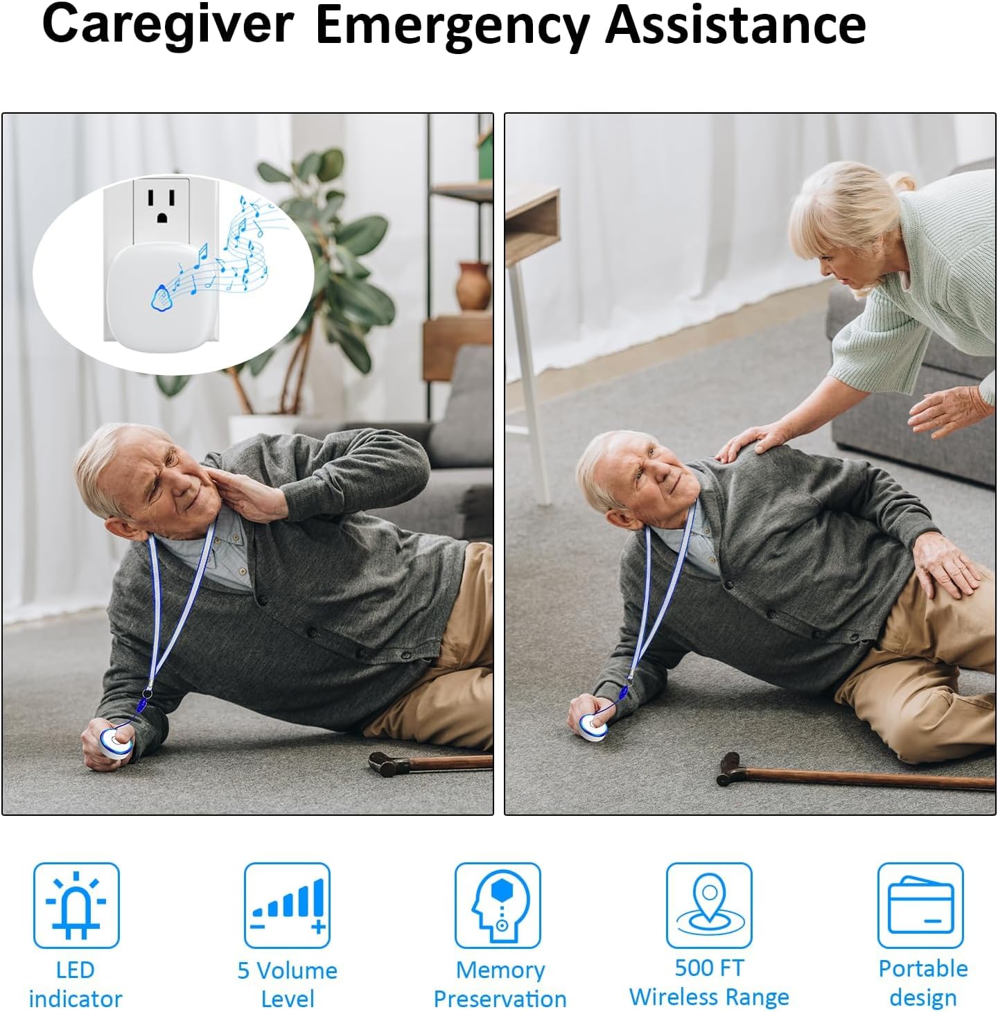 Caregiver Pager Alert Button for Home, Life Alert Bell for Elderly Monitoring Emergency Button Bell, 500FT Wireless Panic Call Button Alarm Nurse Care for Seniors Patients, Waterproof