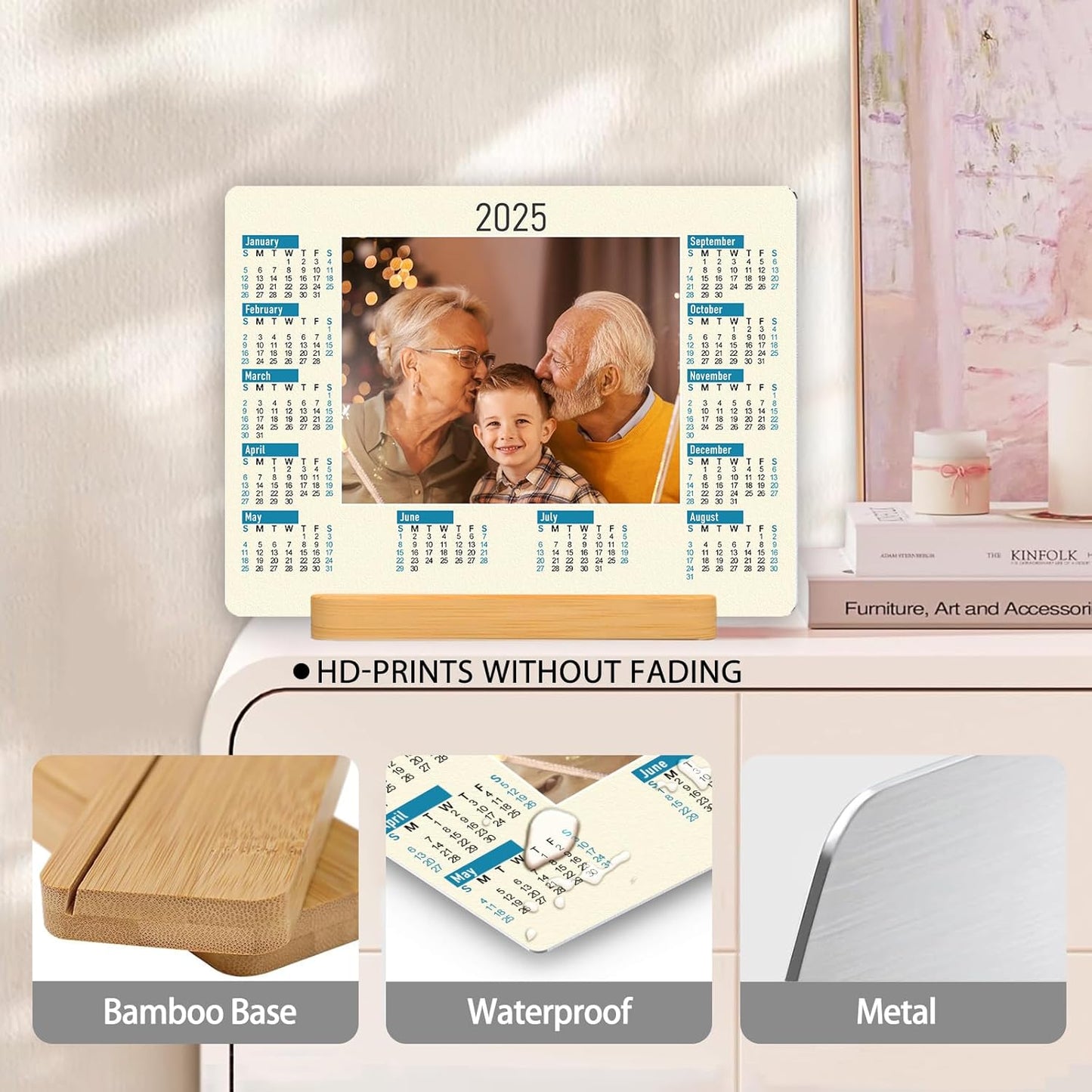 Custom Photo Prints - Metal Desktop Picture Frame with Photos & calendar & Wooden Base Personalized Gifts for Family Friends and Lovers, Optional Multiple Sizes