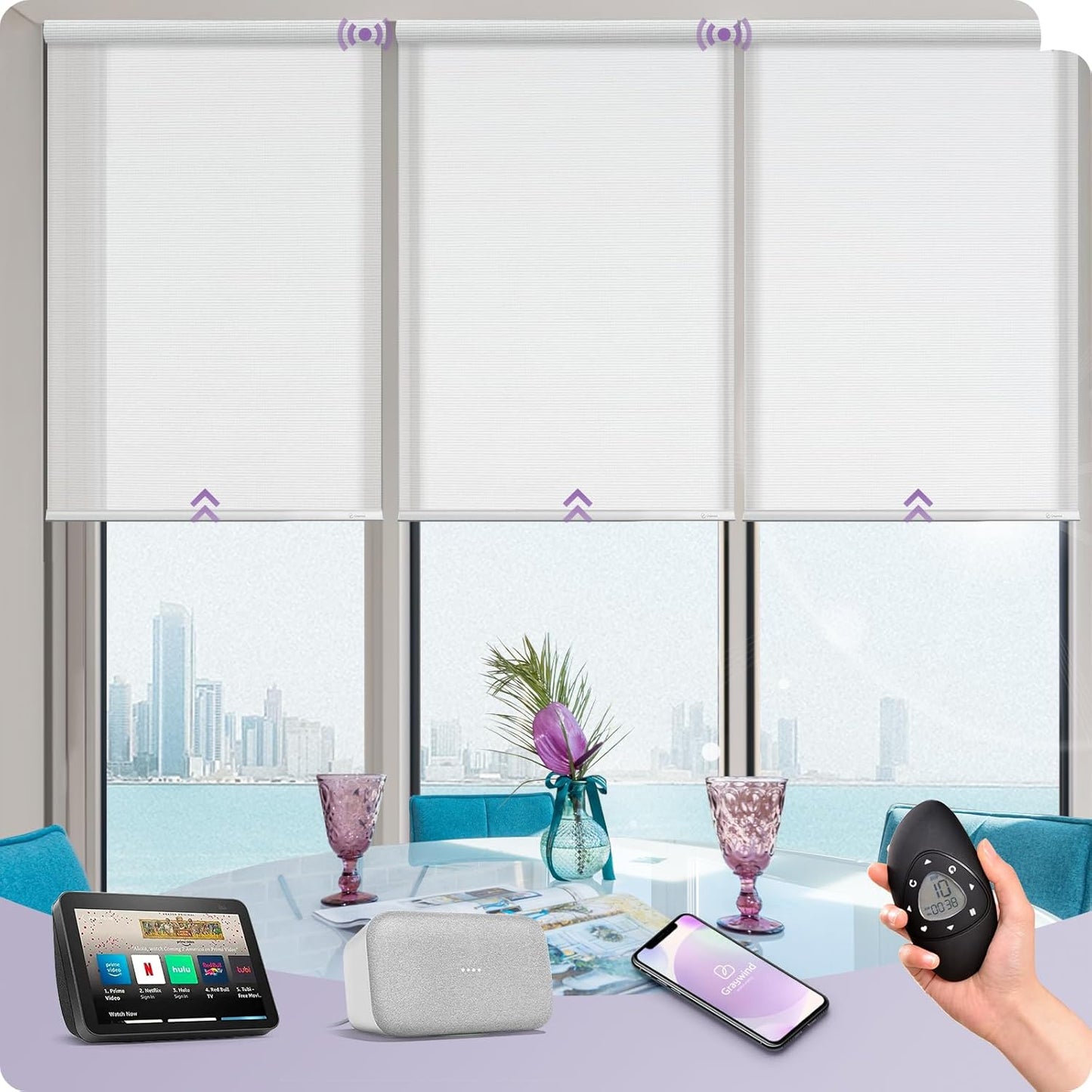 Graywind Motorized Light Filtering Shades Compatible with Alexa Google Rechargeable Remote Control Smart Blinds Automatic Window Shade with Valance for Home Office, Custom Size (Sheer White)