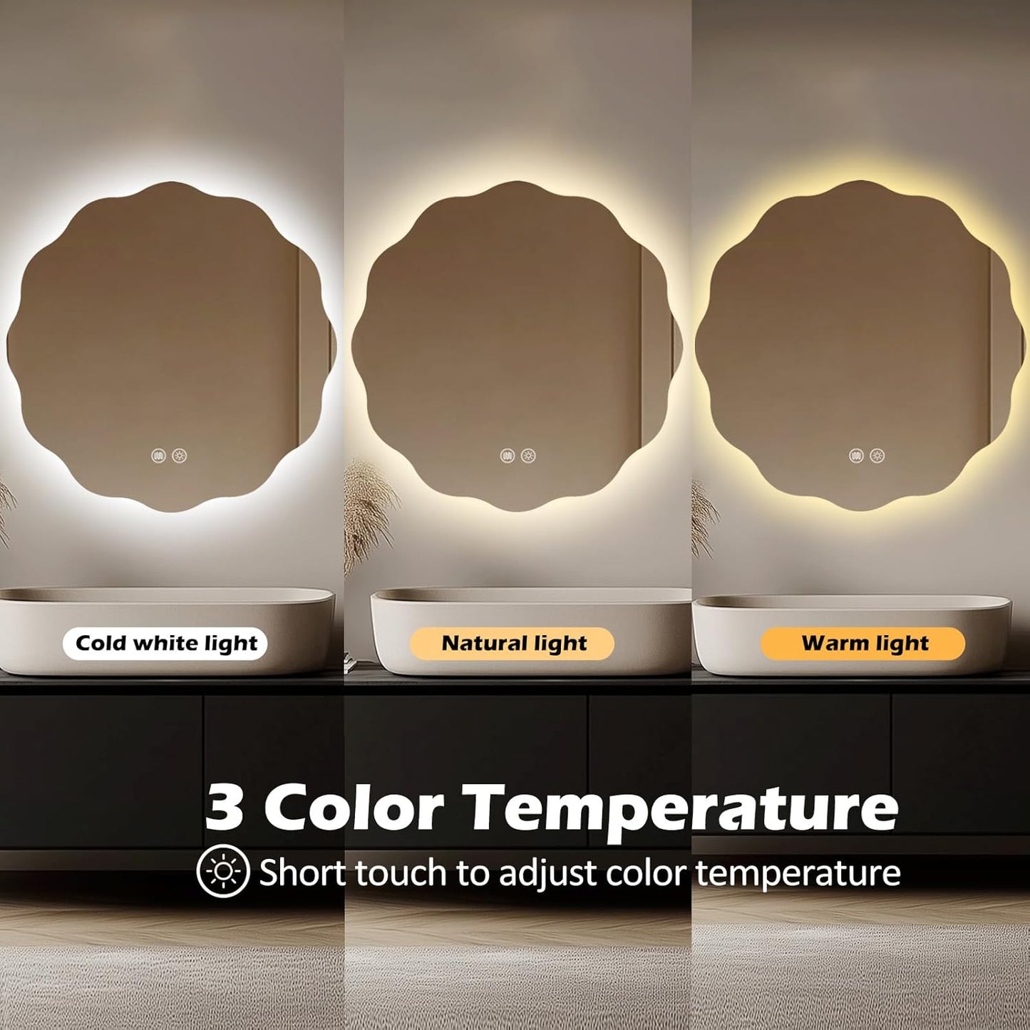Round LED Bathroom Mirror with Lights 30", Stepless Dimmable Circle LED Mirror with 3 Colors, Anti-Fog, Memory, Frameless Smart Vanity Mirror