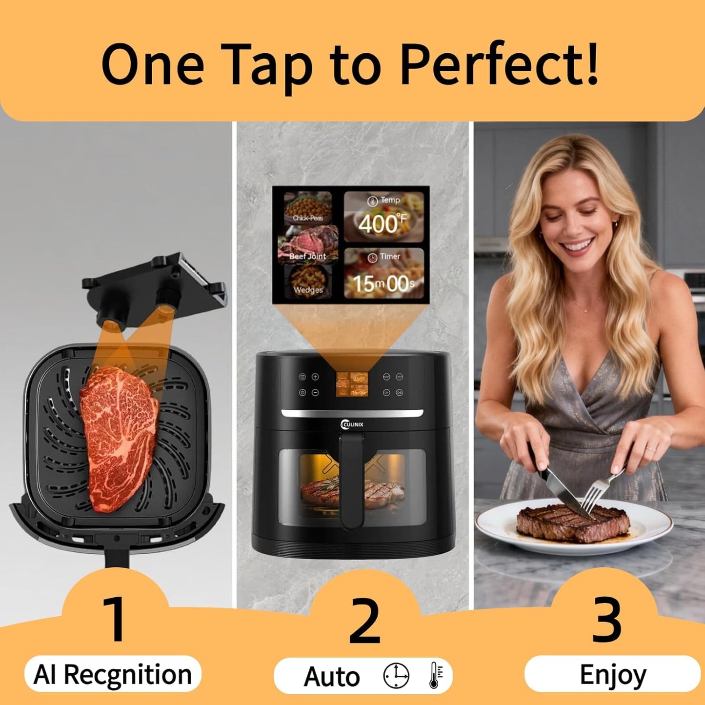8.5QT Large Air Fryer, AI Intelligent Recognition Airfryer with Clear Window, Touch Controls with 12 AI Functions, Shake Reminder, Nonstick, Fit for Family, Black
