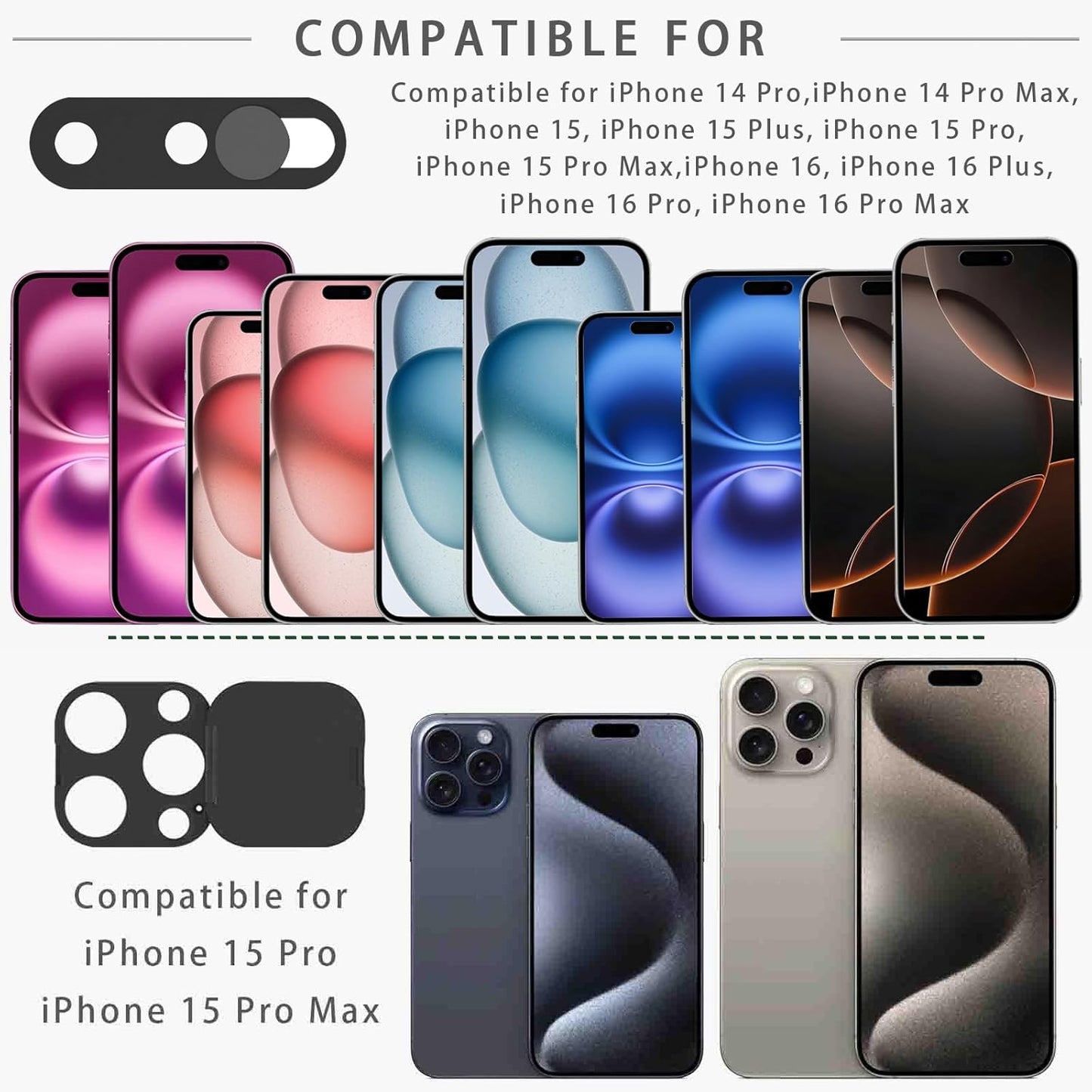 Front Camera Cover Compatible for iPhone 15 Pro/15 Pro Max with Rear Lens Cover,Protect Privacy and Security But Not Affect Facial Recognition（2Pack-2025 Updated Version