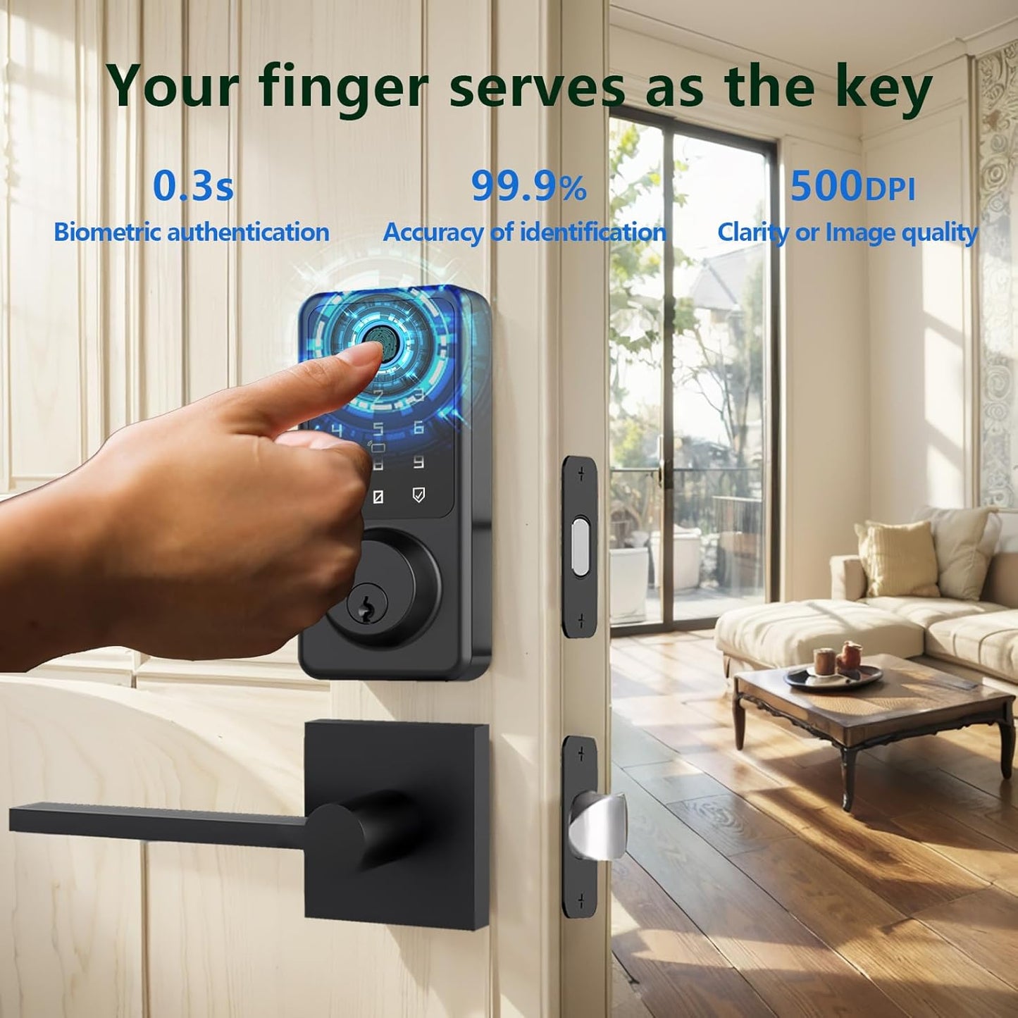 Smart Door Lock Set, Fingerprint Door Lock with Lever Handle, Black Keyless Entry Lock with App, Keypad Deadbolt for Home