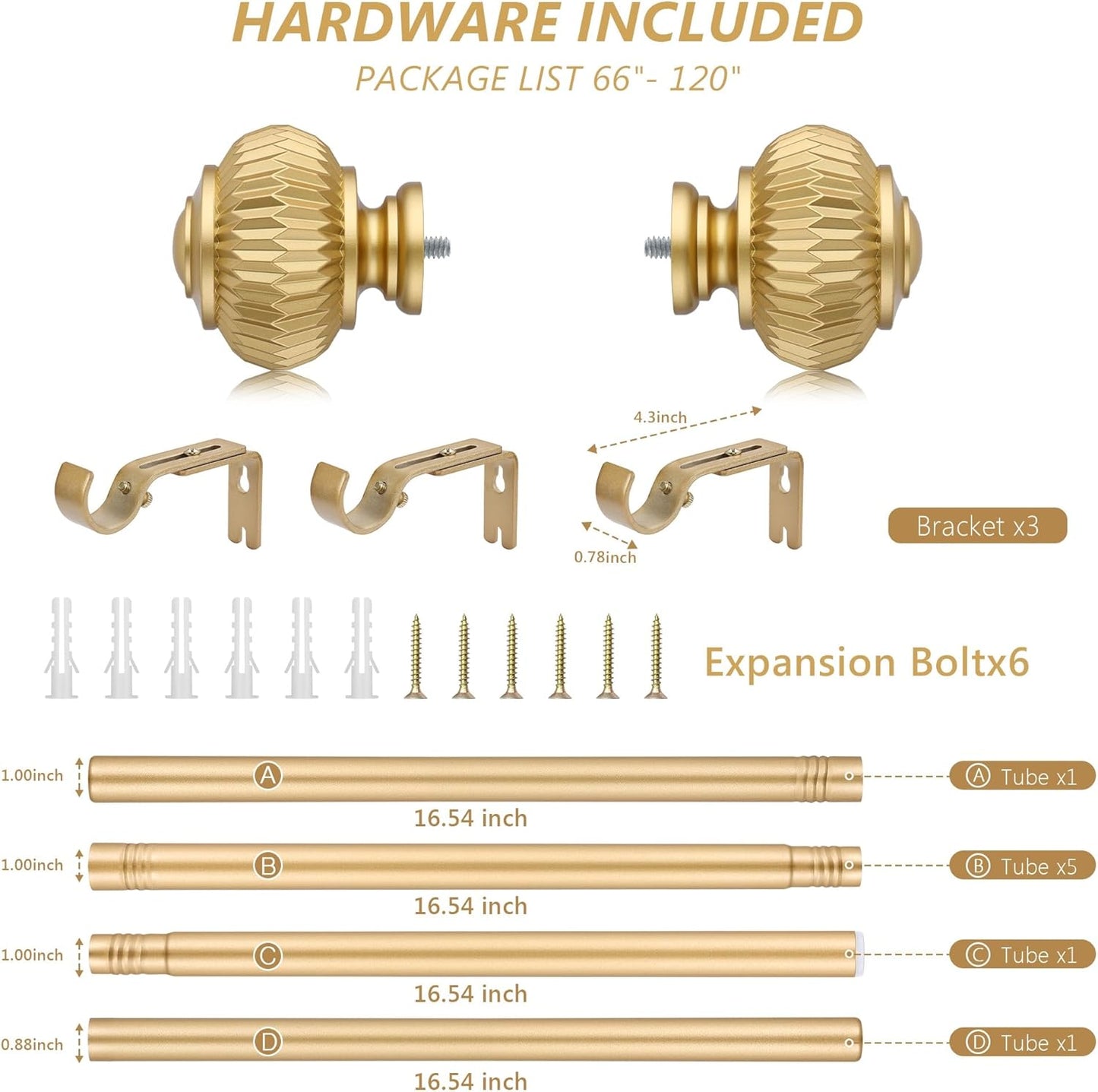 Gold Curtain Rods for Windows 66 to 120 Inches 1 Inch Adjustable Heavy Duty Curtain Rods with Lantern Ball Finials,Window Treatment Single Curtain Rod Set