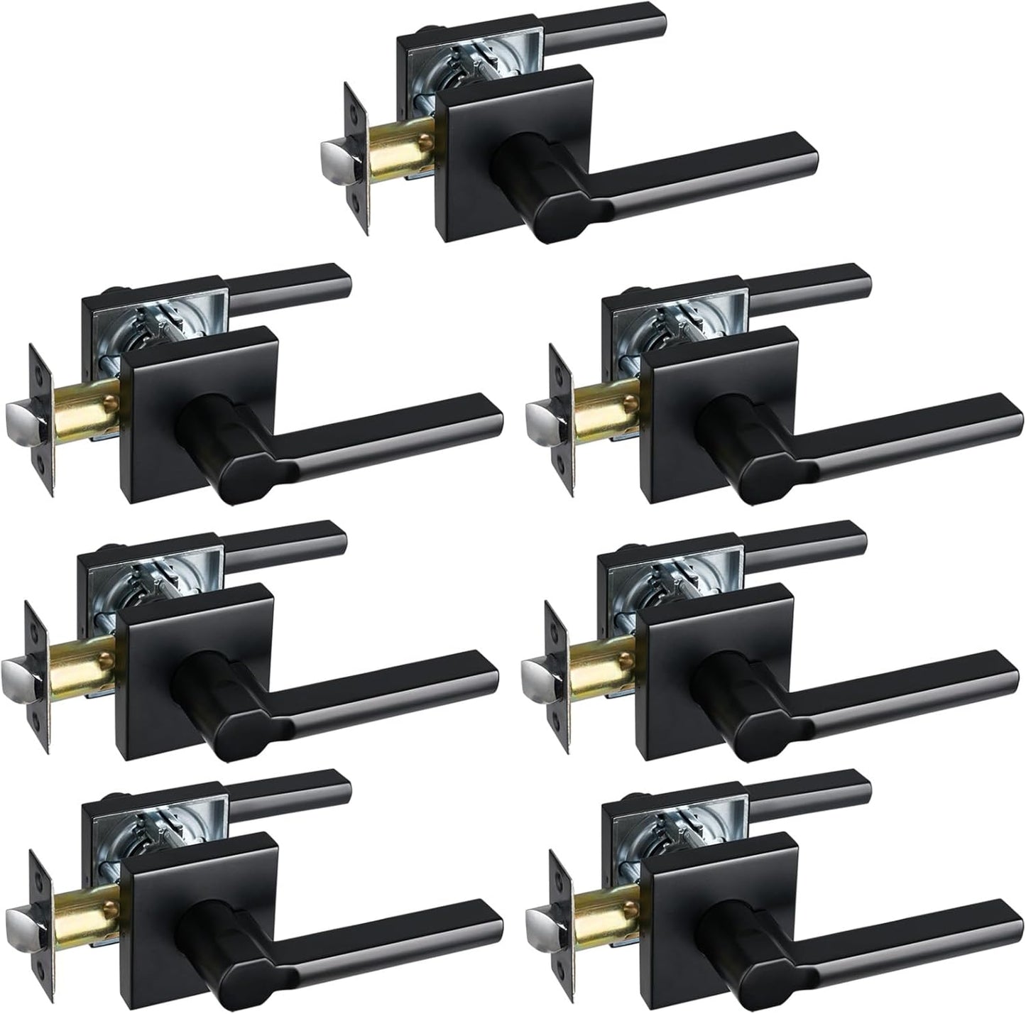 Passage Door Lever (No Lock), Heavy Duty Interior Square Handle for Hallway and Closet, Matte Black, Reversible for Right&Left Handed, 7Packs