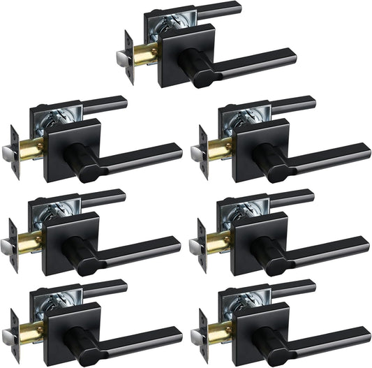 Passage Door Lever (No Lock), Heavy Duty Interior Square Handle for Hallway and Closet, Matte Black, Reversible for Right&Left Handed, 7Packs