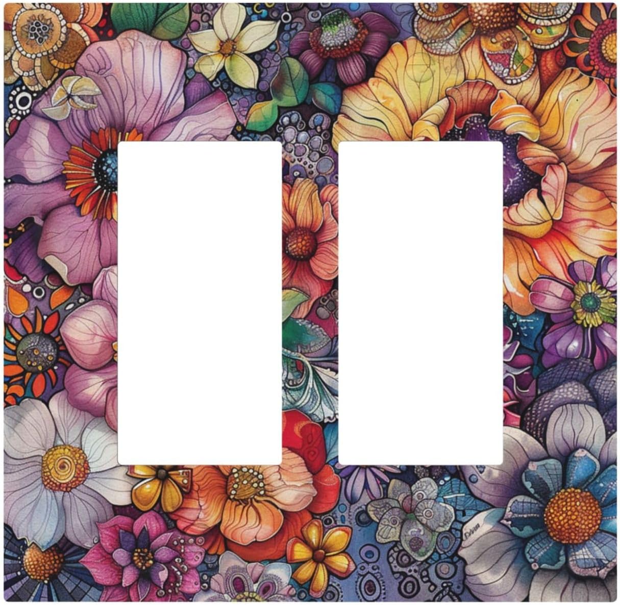Decorative Outlet Covers Colorful Bohemian Flowers Vintage Boho Floral 2 Gang Double GFCI Rocker Electrical Wall Panels Light Switch Cover Plate for Bed Room living Room Decor