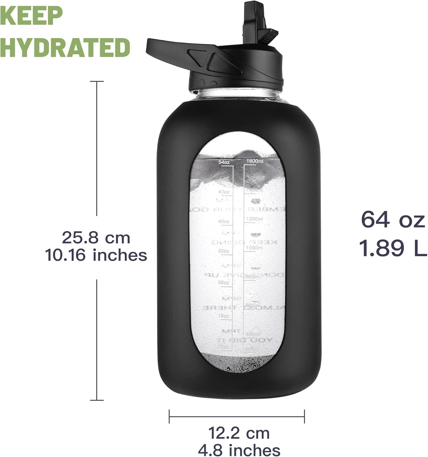 CIVAGO Half Gallon Glass Water Bottle with Straw and Insulated Bottle Holder Sling, 64 oz Motivational Water jug with Time Marker and Silicone Sleeve, Water Flask with 2 Lids, Camelia