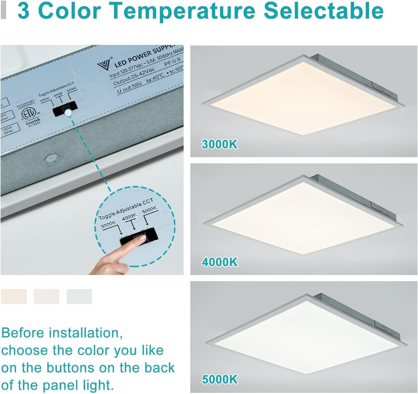 16-Pack 2x2 LED Flat Panel Light Drop Ceiling, 0-10V Dimmable, 3CCT Selectable (5000K 4000K 3000K) & 3 Wattage Switchable (40W 30W 20W), 100-277Vac, ETL & DLC