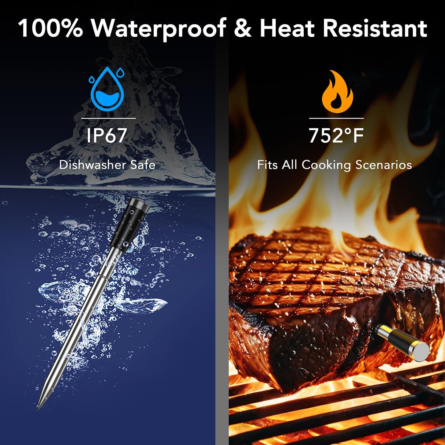 BFOUR WiFi Wireless Meat Thermometer with Standalone Base, 6 Precision Sensor, Waterproof and Heat Resistant, Intuitive Smart App, Bluetooth Meat Thermometer for Cooking, BBQ, Oven, Grill, Smoker