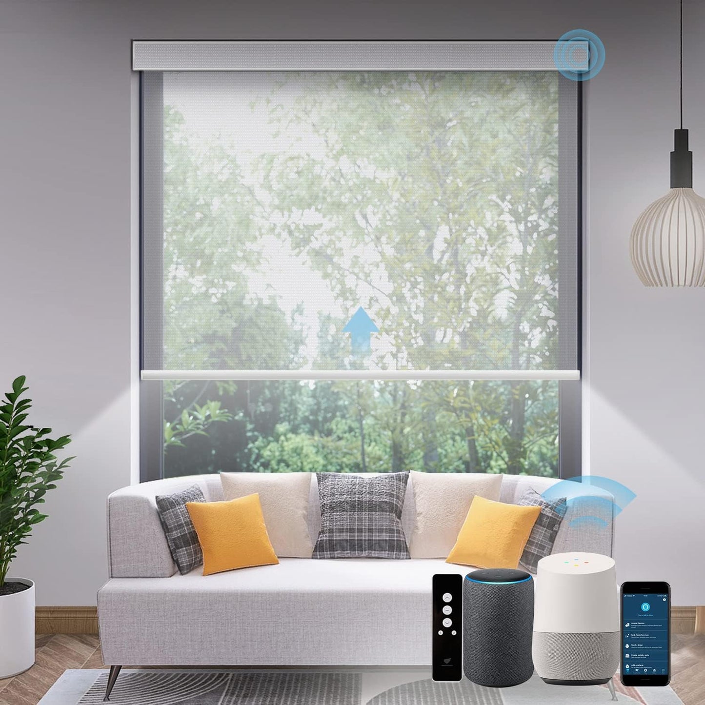 SmartWings Motorized Light Filtering Shades, Work with Matter Homekit Z-Wave Zigbee Alexa Google, 50% Blackout PVC Free Smart Blinds for Windows Cordless Window Shades with Remote Customized, White