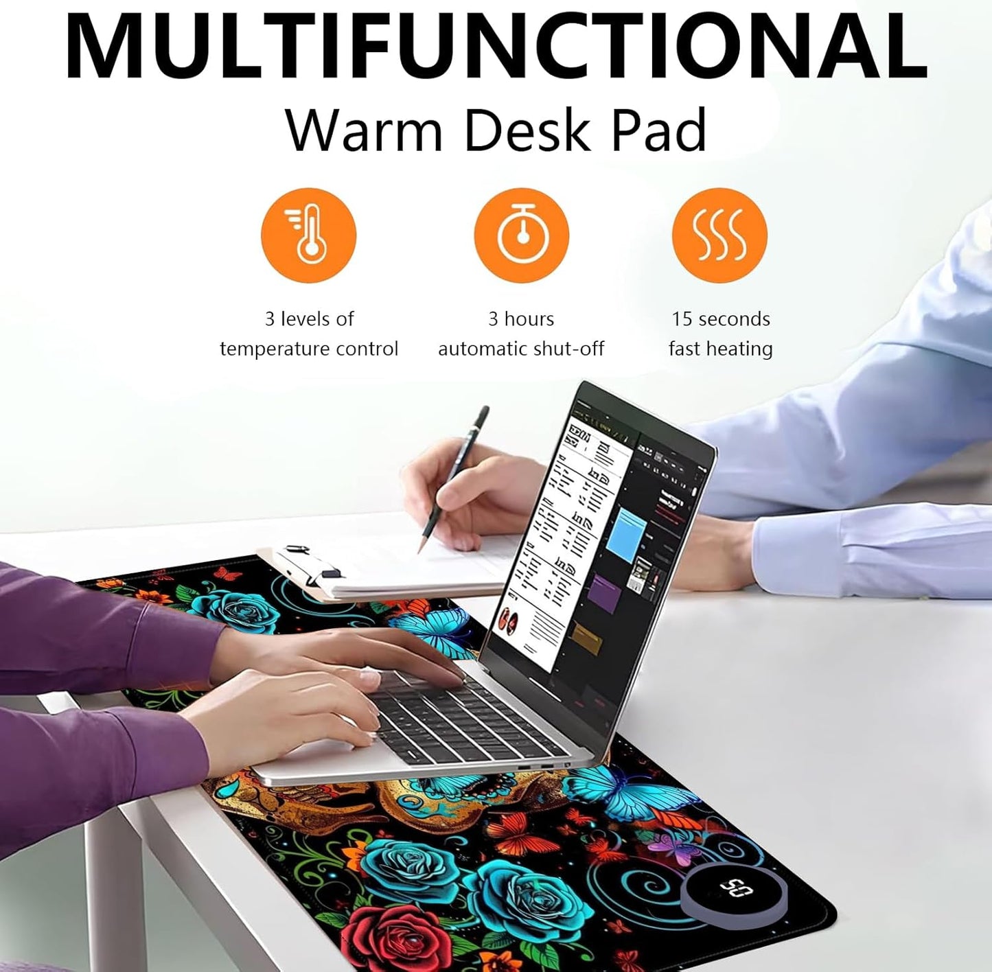 Heated Mouse Pad with 3 Levels Heated & 3 Hours Auto Shut-Off Mouse Pad for Warming Hands in Office Home, 31.5" x 13"Large Safe Desk Mat Hand Warmer，Skull Butterfly Blue Rose