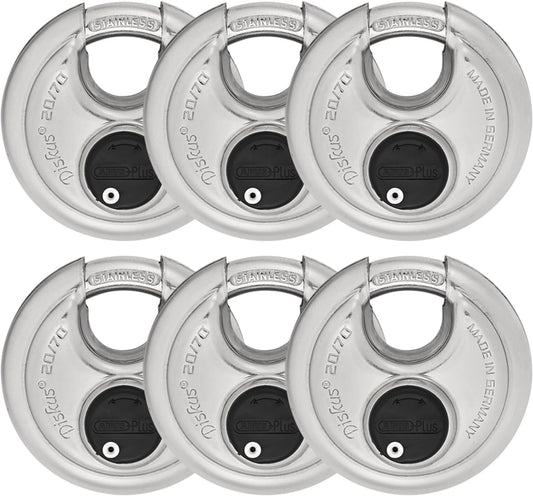 ABUS - Diskus 20/70 Padlock with Key - 6 Pack (2.75") 70mm - Heavy Duty Stainless Steel - Cut, Rust & Drill Resistant - Storage & Outdoor - Pad Lock with 2 Keys (Keyed Different) - Locker Lock