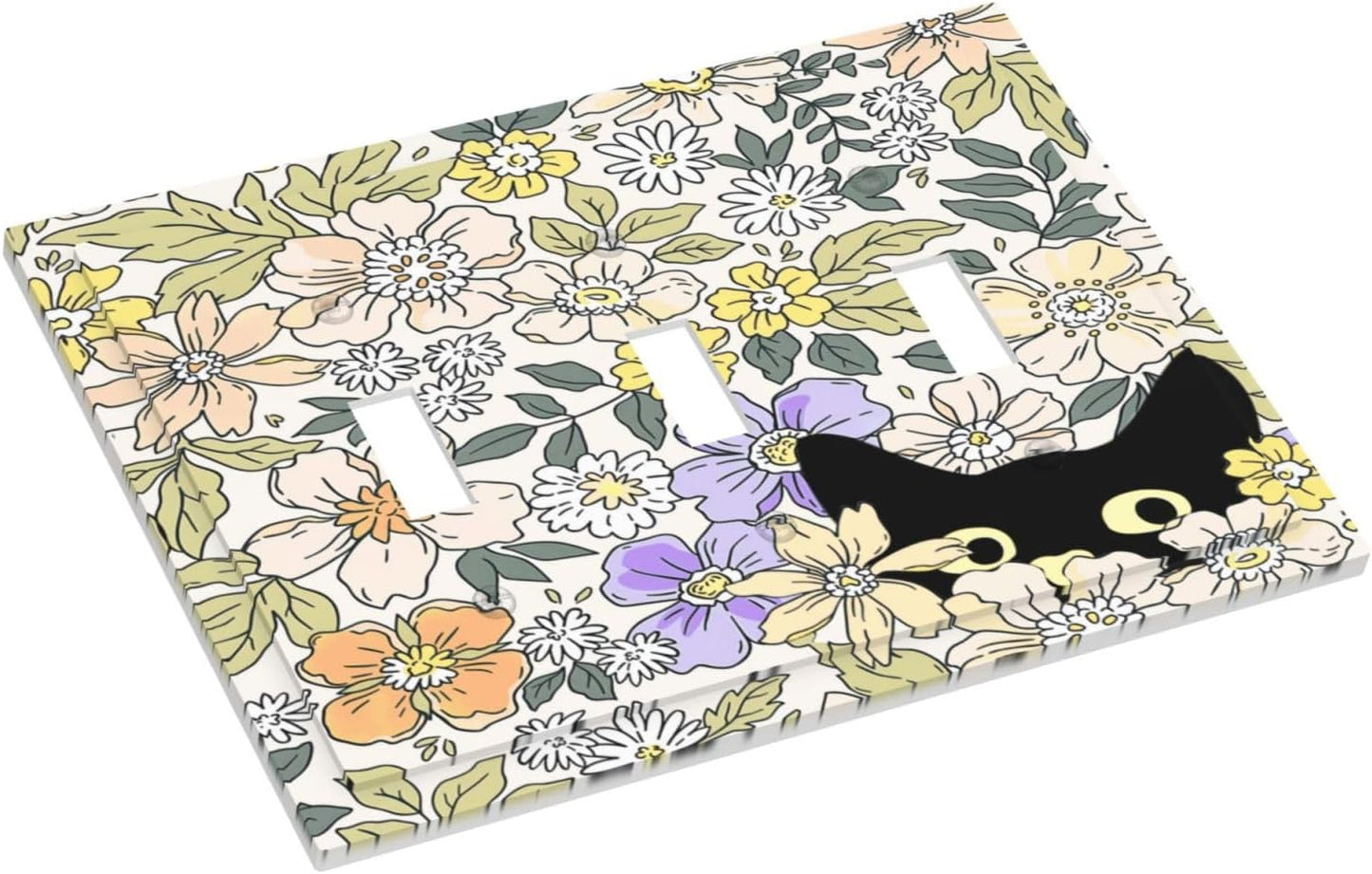 Decorative Light Switch Plate Covers Cute Black Cat in a Flower Patch Botanical Garden 3 Gang Artistic Wall Plate Unique Triple Toggle Light Switch Covers for Bedroom Home Decor