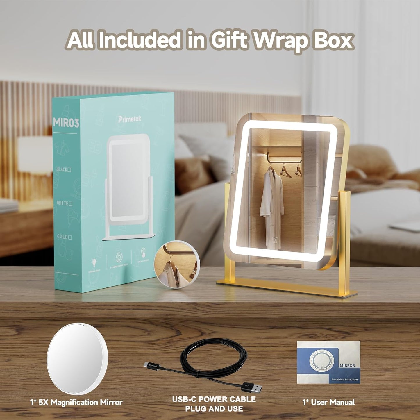 PRIMETEK Vanity Mirror with Lights, 16"x14" Large LED Lighted Makeup Mirror, Hollywood Makeup Mirror, Touch Screen, 3-Color Lighting, 5X Magnification, for Vanity Desk Tabletop, Bedroom, Gold
