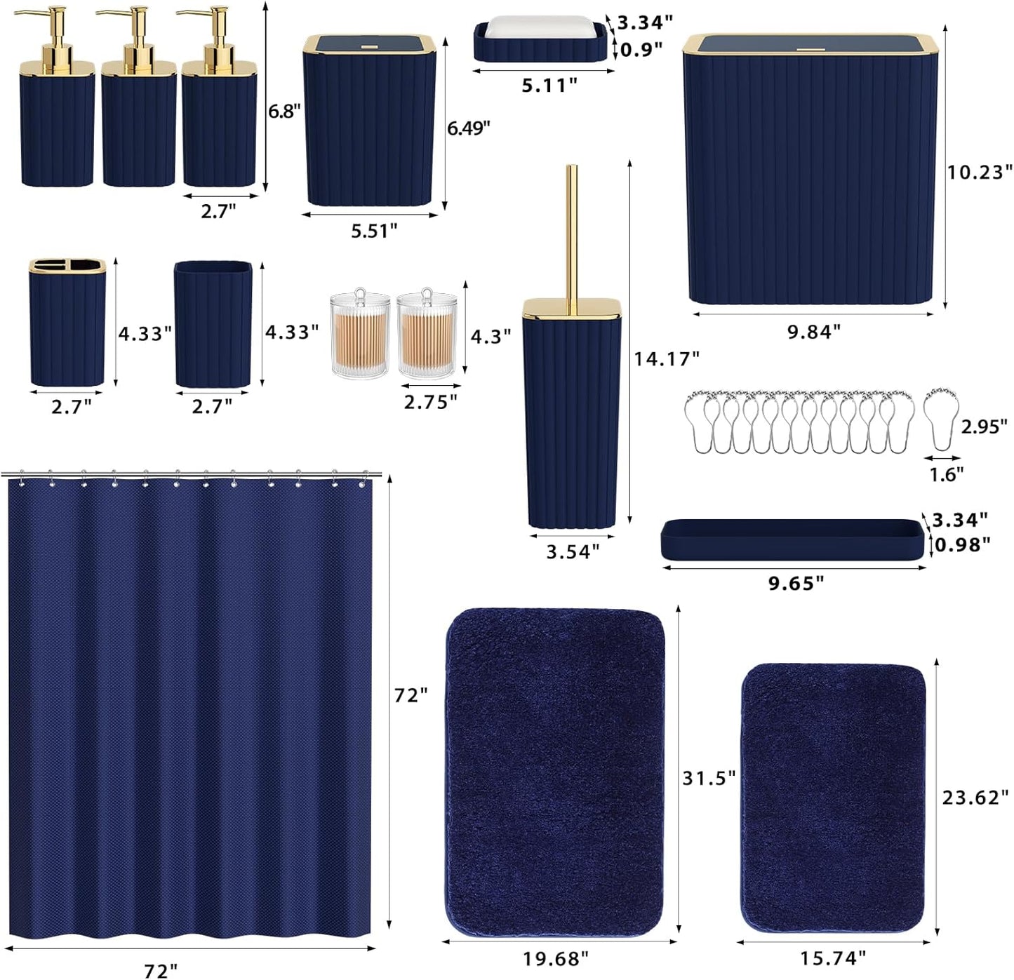 Bathroom Accessory Set - Bathroom Set, 27PC Bathroom Accessories Set, Navy Blue Bathroom Sets with Shower Curtain and Rugs, Mini Trash Can, Toilet Brush, Trash Can & Soap Dispenser