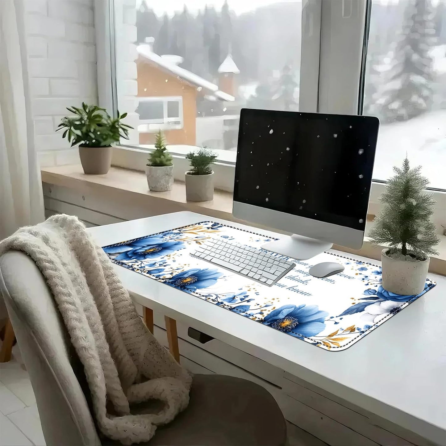 Heated Mouse Pad with 3 Temperature Settings(104°F–122°F),Large 31.5x13 Inch PU Leather Heated Desk Mat,Waterproof Warming Pad for Office,Gaming & Cold Hands Relief,Bule Flower Quotes