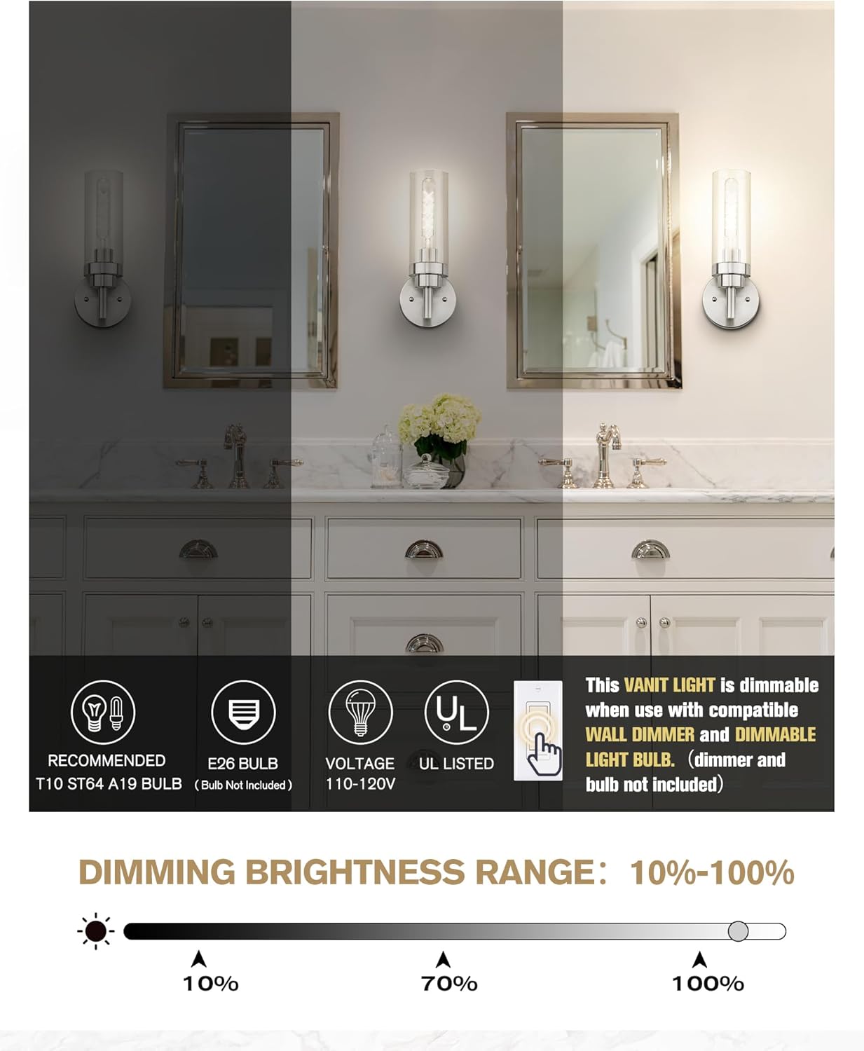Emak Brushed Nickel Wall Sconce Light, Modern Bathroom Light Fixtures with Clear Glass Shade, 1 Light Wall Lights for Bedroom, Bathroom, Living Room, WS085-BN