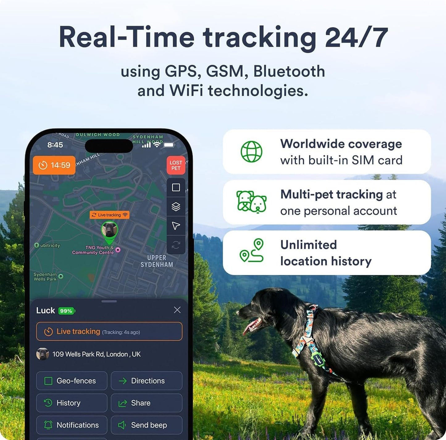 Dog GPS Tracker - Real-Time Location Tracking Device with App - Smart Alerts & Geo-Fence - Collar-Compatible, Waterproof - Long-Life Battery - iOS & Android (12-Mo Subscription Included)