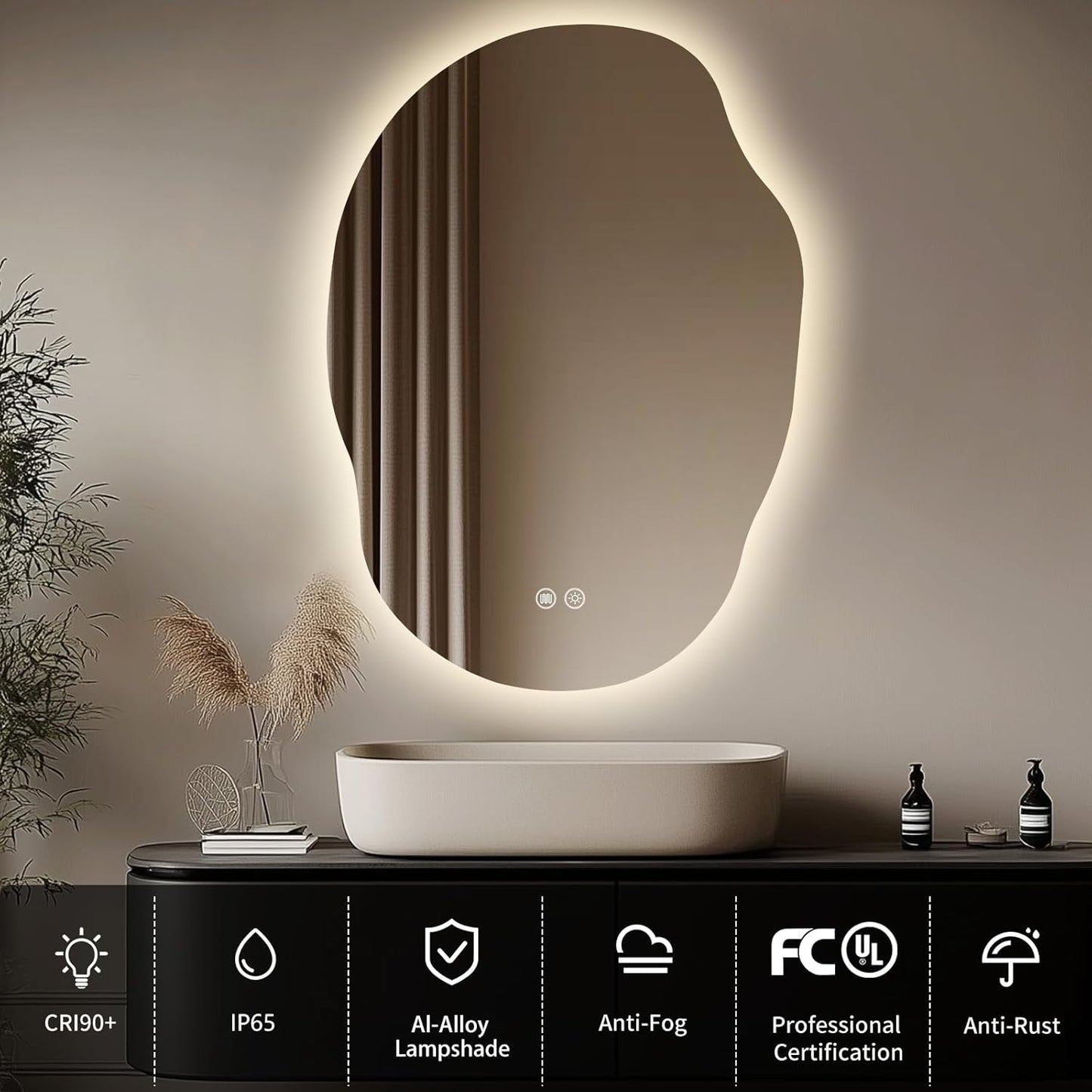 LED Mirror for Bathroom 25x35, Stepless Dimmable Irregular Backlit Mirror with 3 Colors, Anti-Fog, Memory, Al-Alloy Lampshade, Frameless Vanity Mirror for Bathroom (Horizontal/Vertical)