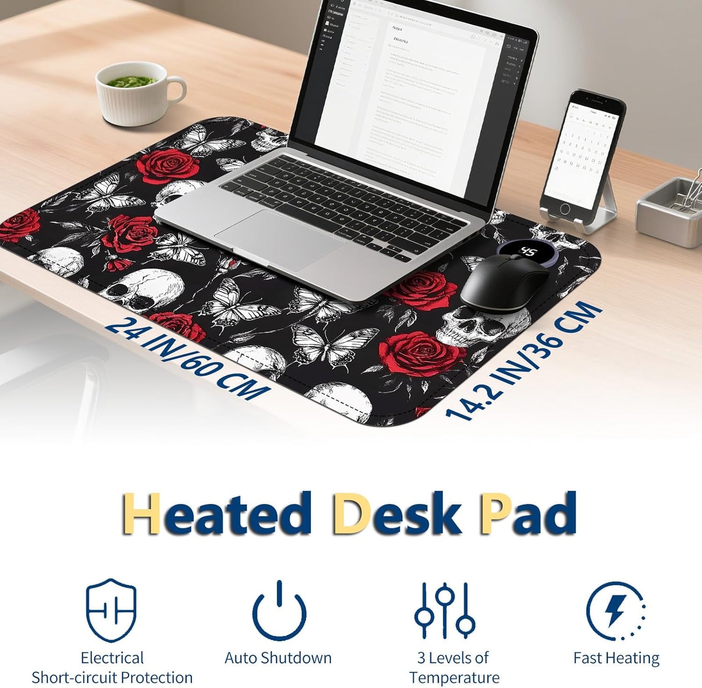 Heated Mouse Pad with 3 Temperature Settings(104°F–122°F),Large 24x14.2 Inch PU Leather Heated Desk Mat,Waterproof Warming Pad for Office,Gaming & Cold Hands Relief,Skeleton Skull Rose