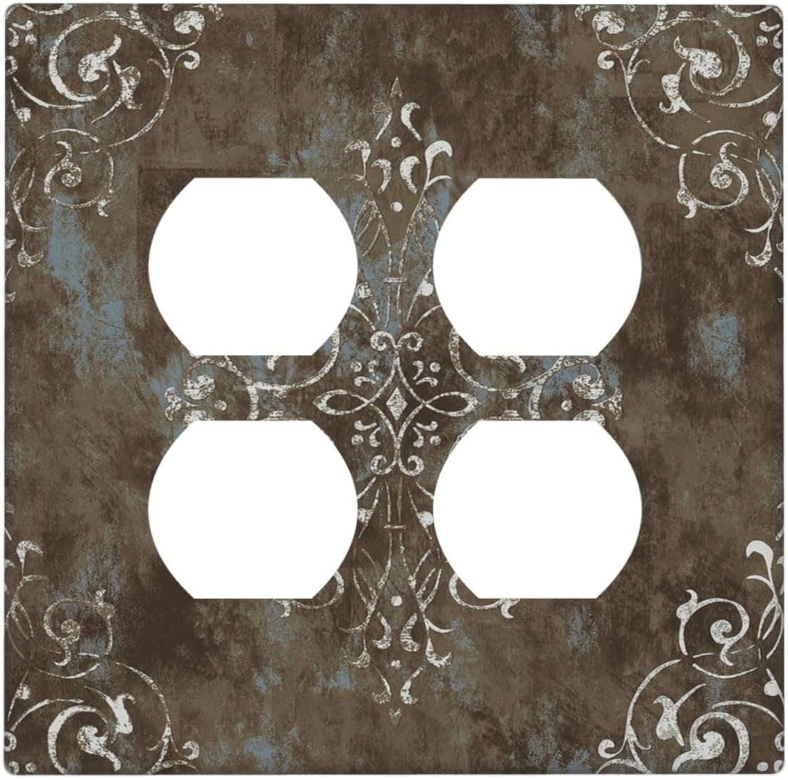 Decorative Outlet Covers Brown Vintage Abstract Floral 2 Gang Wall Plate Cover Double Duplex Receptacle Two Switch Light Switch Cover Plate Jumbo Dual Faceplate for Home Decor