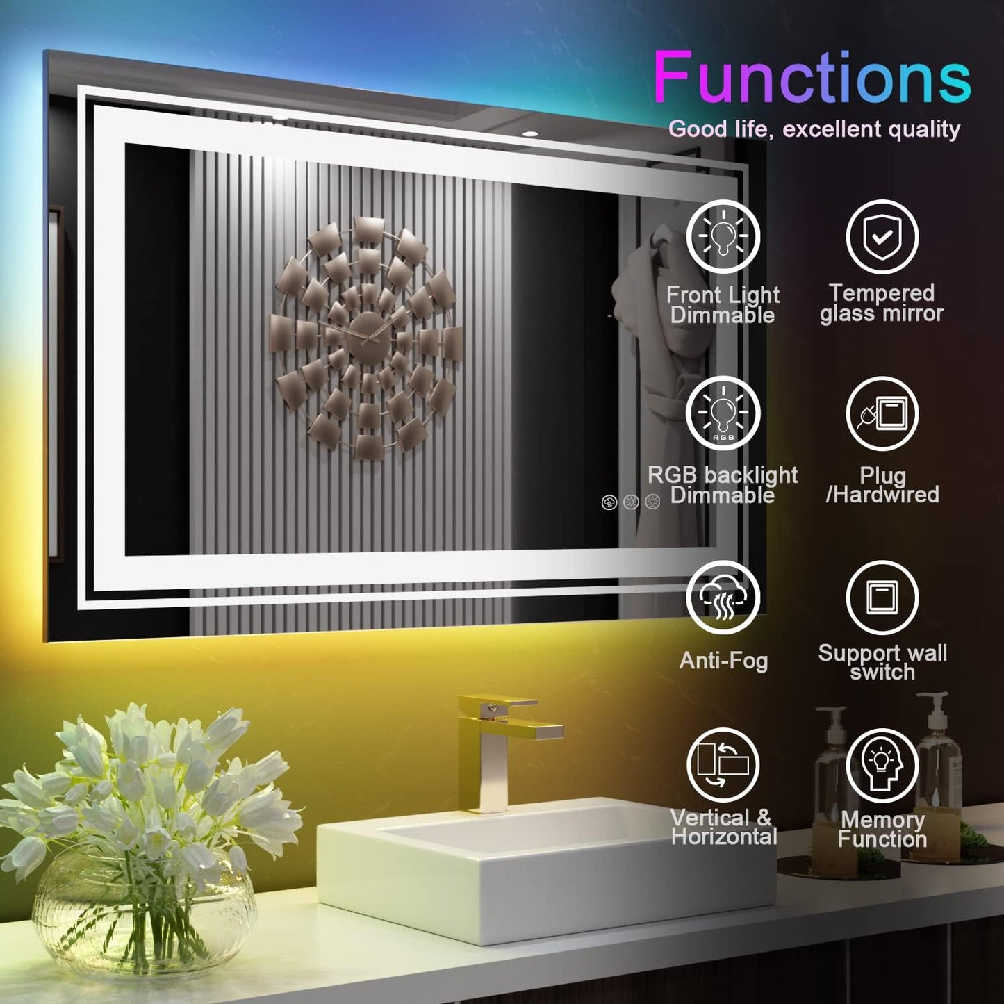 LED Mirror for Bathroom, 40"X32" with 8 RGB Backlit +3 Front Lit (Adjustable Individually), Anti-Fog, Lighted Bathroom Vanity Mirror for Wall, Shatterproof, Memory Function, Tempered Glass
