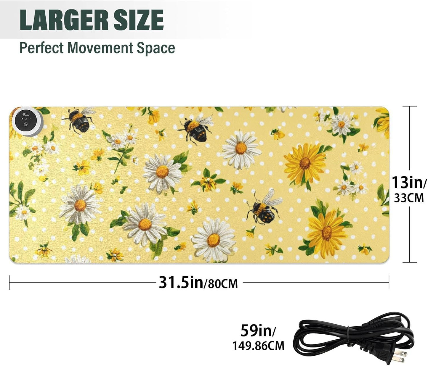 Heated Desk Pad Mouse Pad 31.5x13 Inch PU Leather Desk Mat with 3 Heat Levels Large Mouse Gaming Computer Laptop Mat Yellow Dot Bee and Daisy