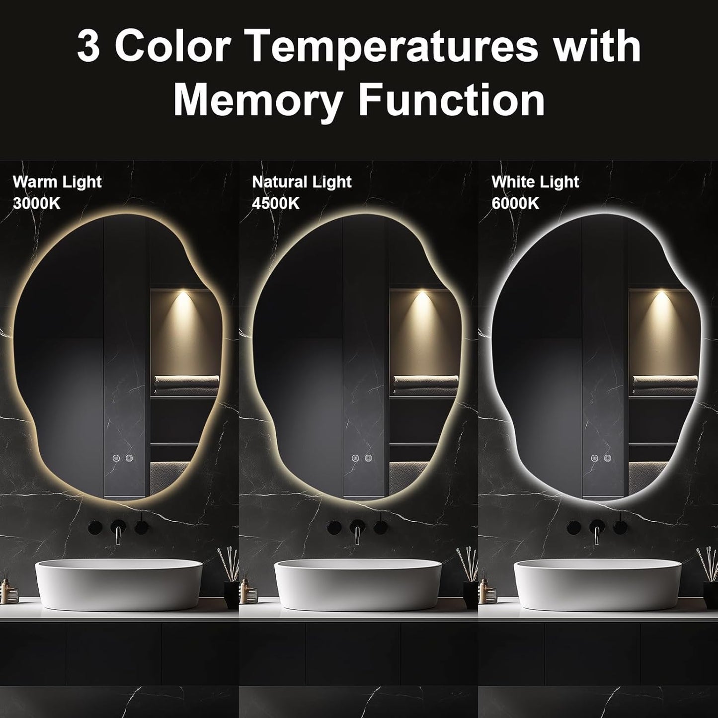 Asymmetrical LED Bathroom Mirror with Lights,Irregular Led Bathroom Vanity Mirror for Wall with Backlit, Anti Fog, 3 Colors and Dimmable Light,[Horizontal/Vertical] 40" H x 30" W