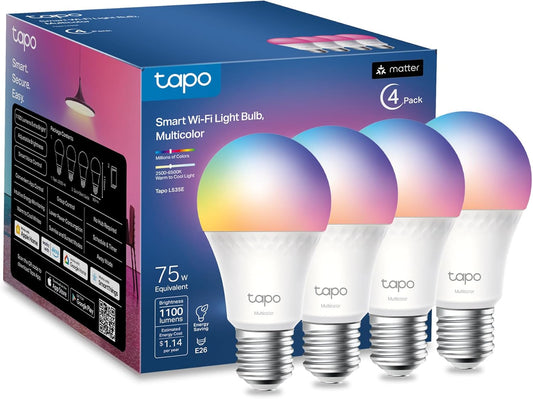 Tapo TP-Link Smart Light Bulbs, 1100 Lumens High Brightness (75W Equivalent), Matter-Certified, 16M Colors WiFi Light Bulb, Dimmable, Works w/Siri, Alexa & Google Home, A19 E26, L535E(4-Pack)