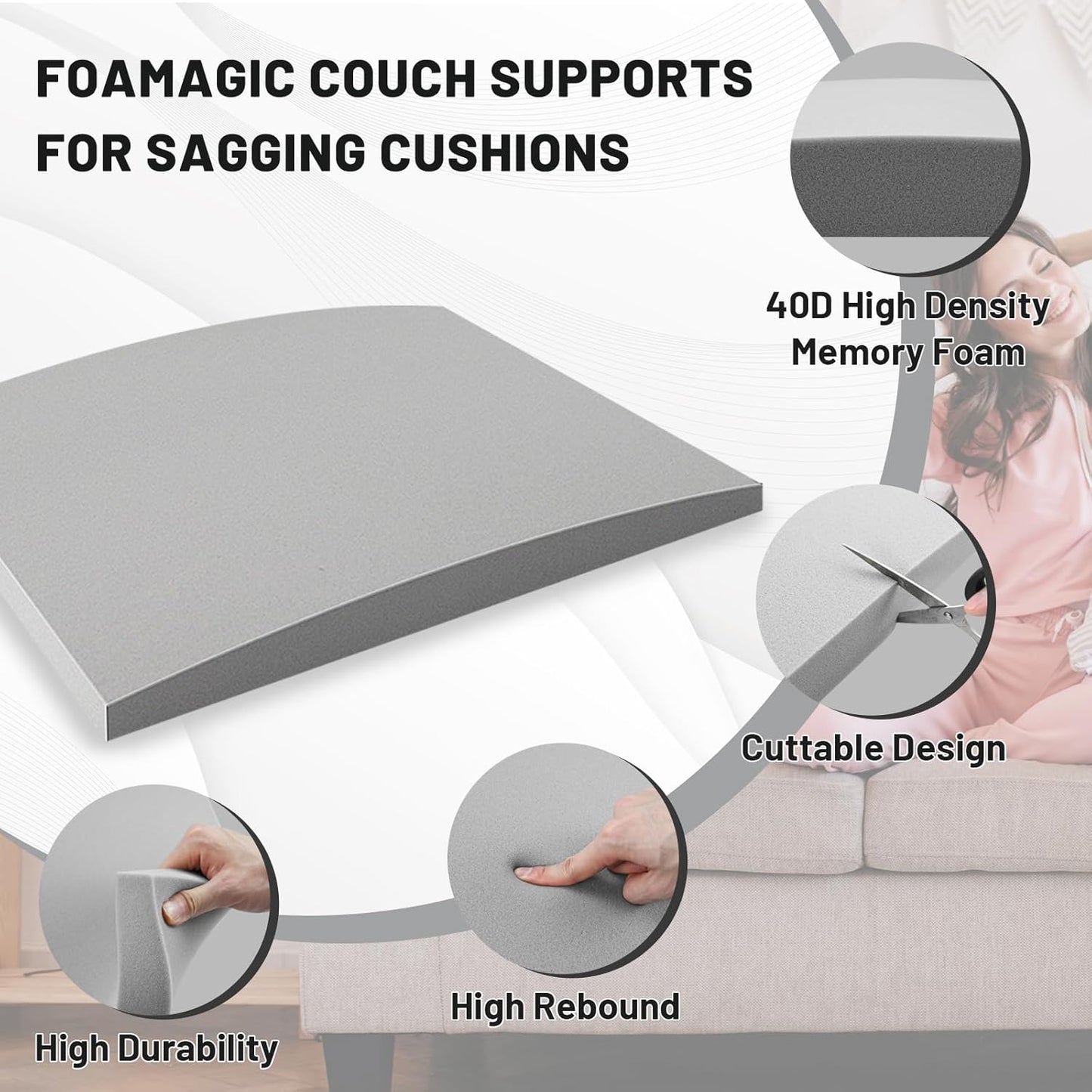 Couch Cushion Support for Sagging Seat – 2 Pack 20x20x2 Inch Sofa Cushion Board Saver & Replacement Insert for Saggy Couch or Chair, Quick No-Tool Install with 40D High Density Foam