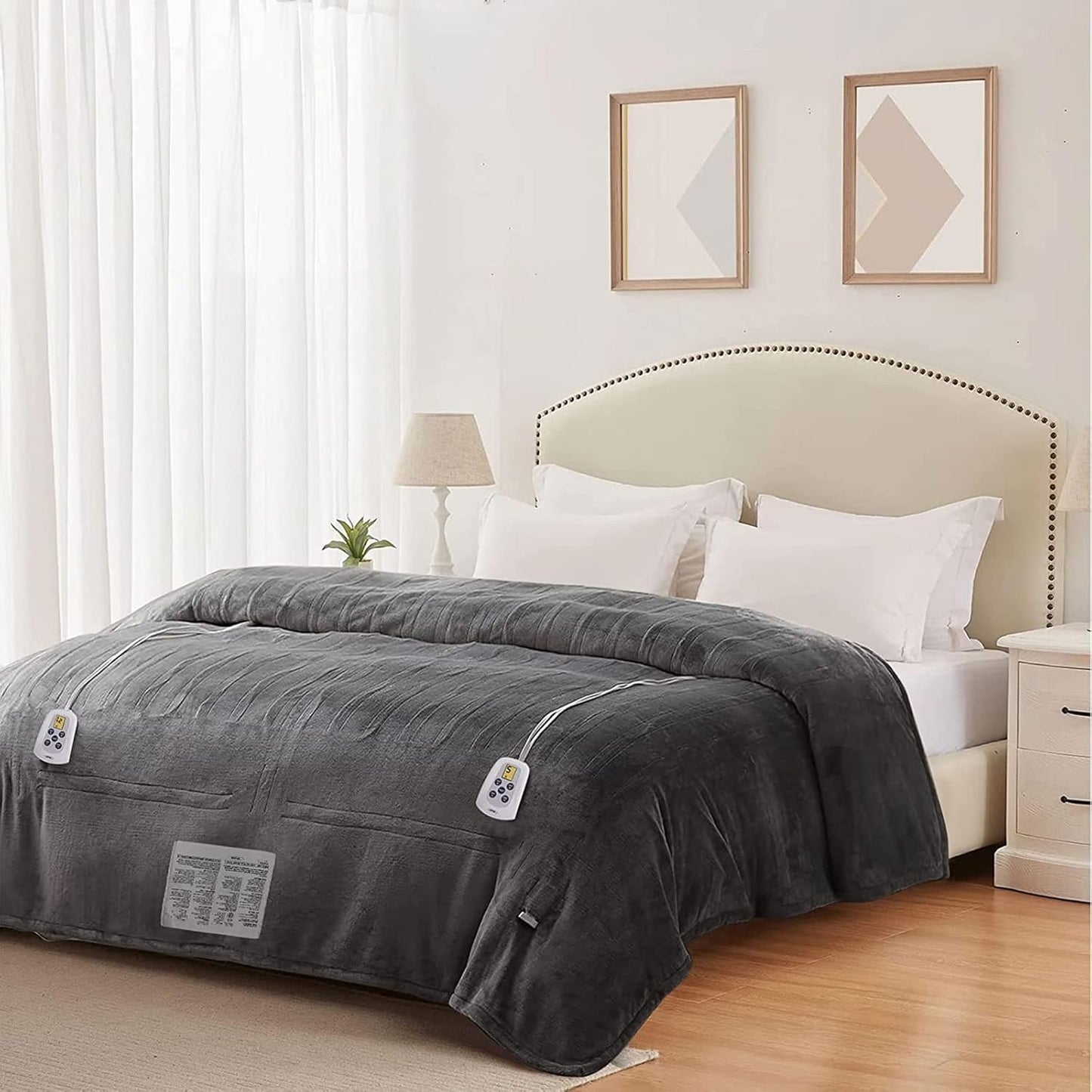 SUNVIVI Electric Blanket Queen Size, Heated Blanket Dual Control Soft Flannel, 10 Heat Settings, 12 Hours Auto Off, Machine Washable, 5 Years Warranty, Overheat Protection, ETL Certified, Beige