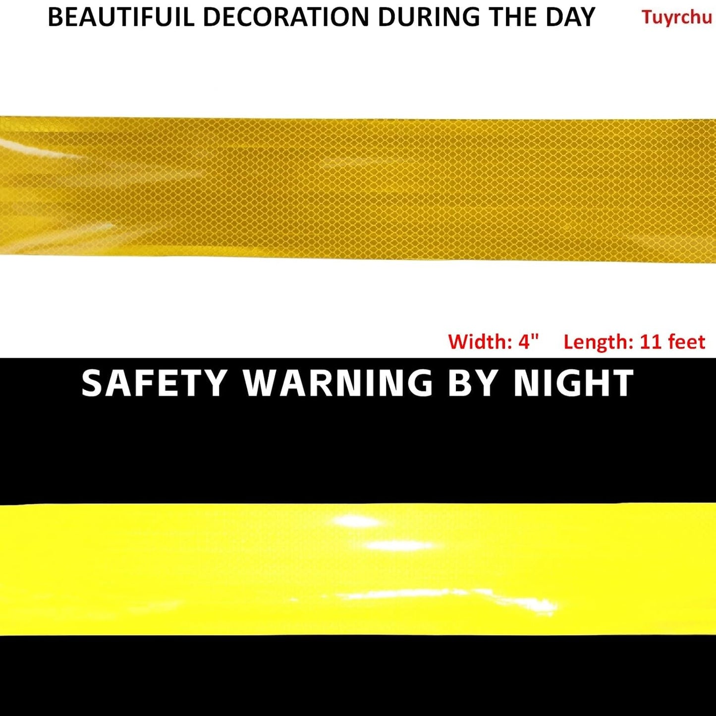 Non Fading Reflective Tape Yellow 4 inch, Outdoor Waterproof High Visibility Warning Industrial Marking Tape, Safety Stickers (11 feet)