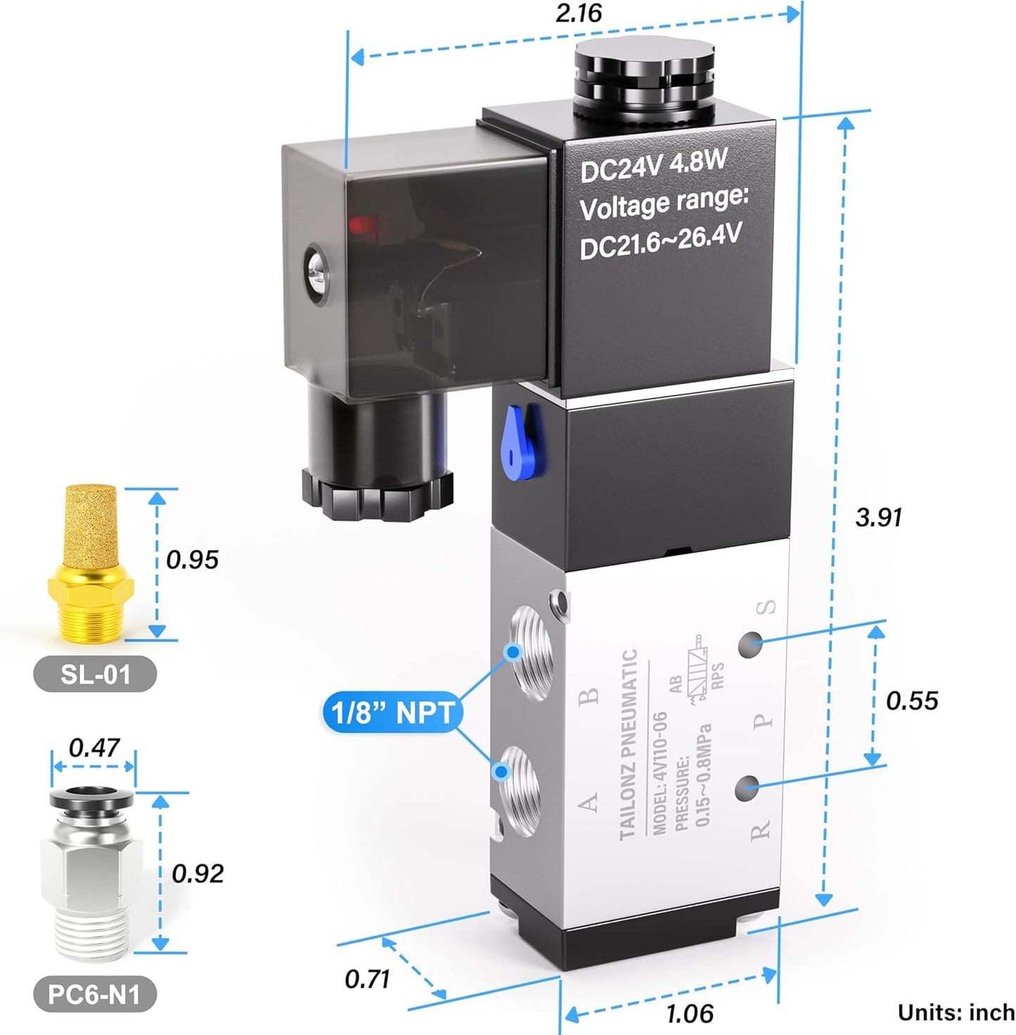 TAILONZ PNEUMATIC 1/8"NPT Solenoid Valve 4V110-06 DC24V Single Coil Pilot-Operated Electric 2 Position 5 Way Connection Type Junction Box