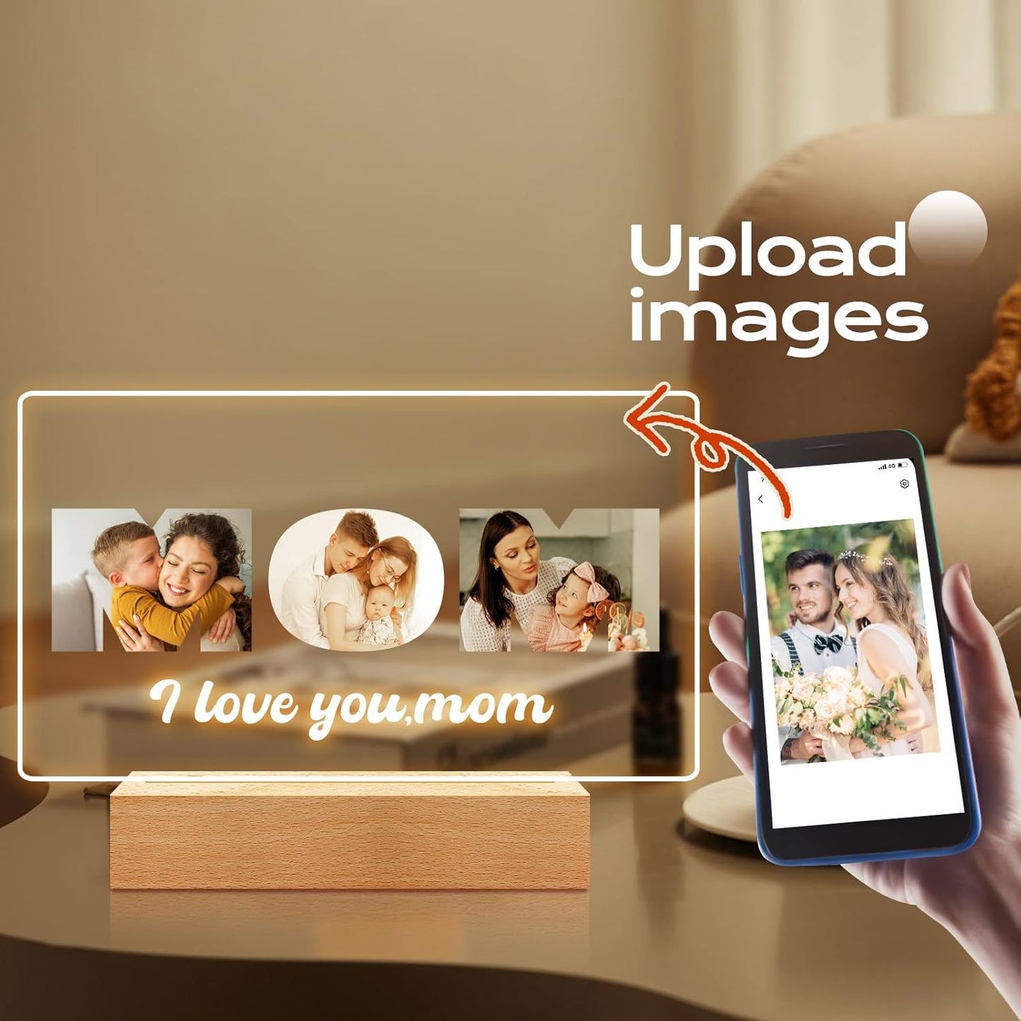 Custom Mom Picture Frame with Photo, Custom Photo Frame with Night Light, Customized Picture Frames, Personalized Valentines Day Gifts for Mom from Daughter & Son