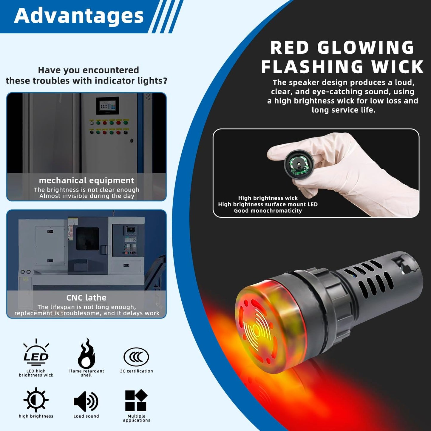 Indicator Light 12V Buzzer，10PCS 22mm Red LDE Flashing Buzzer AC/DC 12V Alarm for Electrical Control Panel