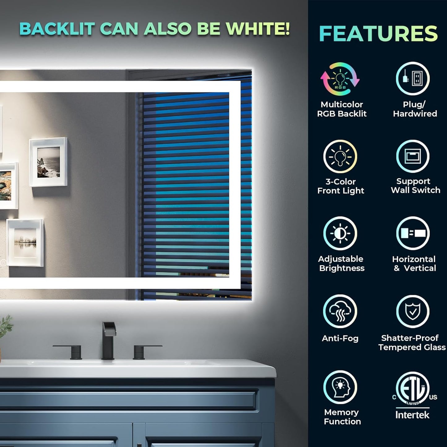 68x38 Inch RGB LED Bathroom Mirror Front Light and RGB Backlit Lighted Vanity Mirror for Bathroom Wall Mounted Dimmable Anti Fog Memory Shatter-Proof IP54 Waterproof Horizontal/Vertical