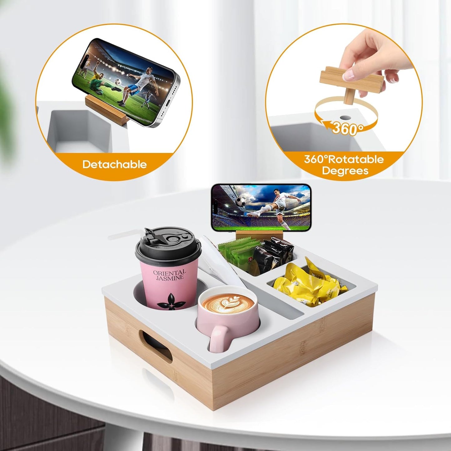 Couch Cup Holder Tray, Couch Caddy with Rotatable Phone Holder, Wooden Sofa Drink Holder with Handle for Bed Car Seat Beach Organizer, Anti-Spill for Snacks Beverage Remote White