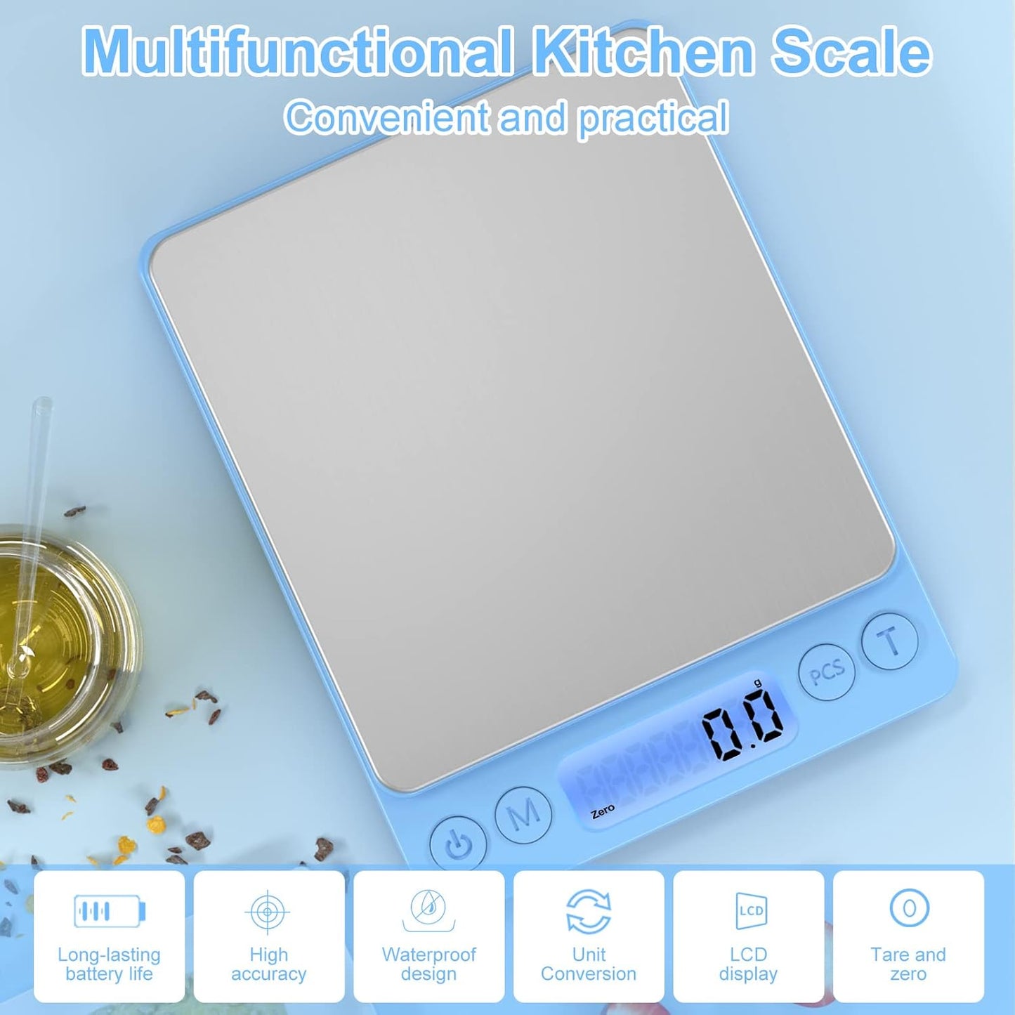 Digital Food Scale for Food Ounces and Grams，YONCON 3000g/0.1g Accuracy Multifunctional Kitchen Scale for Cooking, Baking | Small Size for Easy Storage | 2 Trays，Tare Function