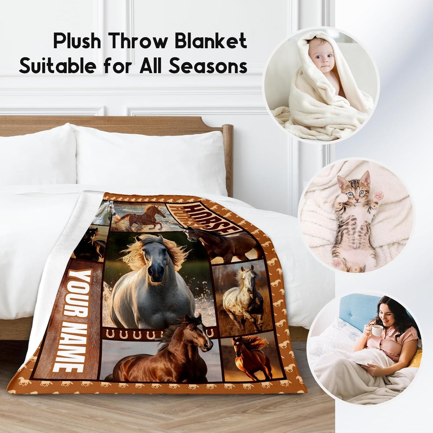 Custom Girls Blanket, Personalized Horse Gifts for Girl Ages 8-12 10-12, 40"x50" Kids Throw Blankets for Adults Women, Cowgirl Room Decor Western Throws for Animal Lovers