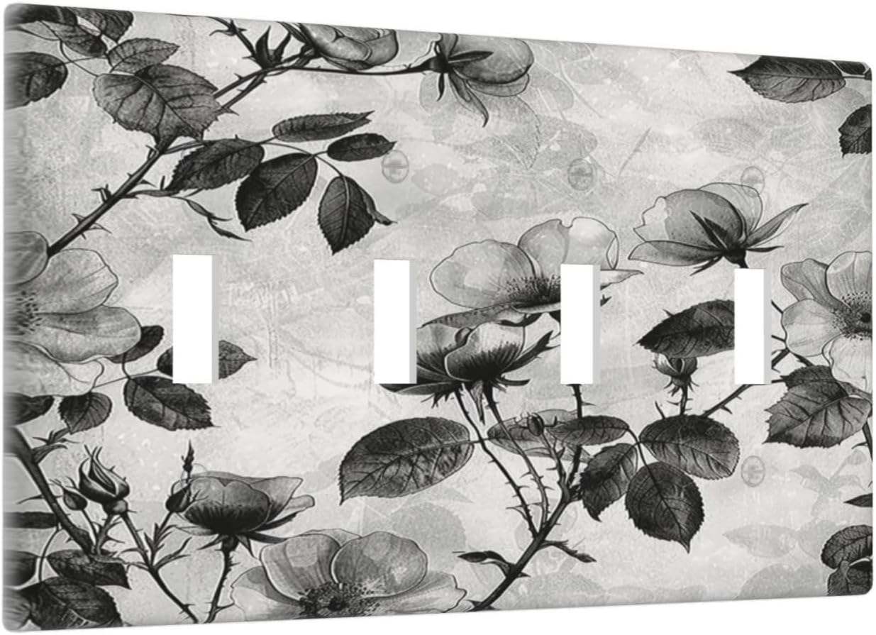 Light Switch Covers Black Breezy Watercolor Garden Floral Quad Toggle Electrical Faceplate 4 Gang Wall Plate Decorative Switch Plates for Bedroom Home Decor