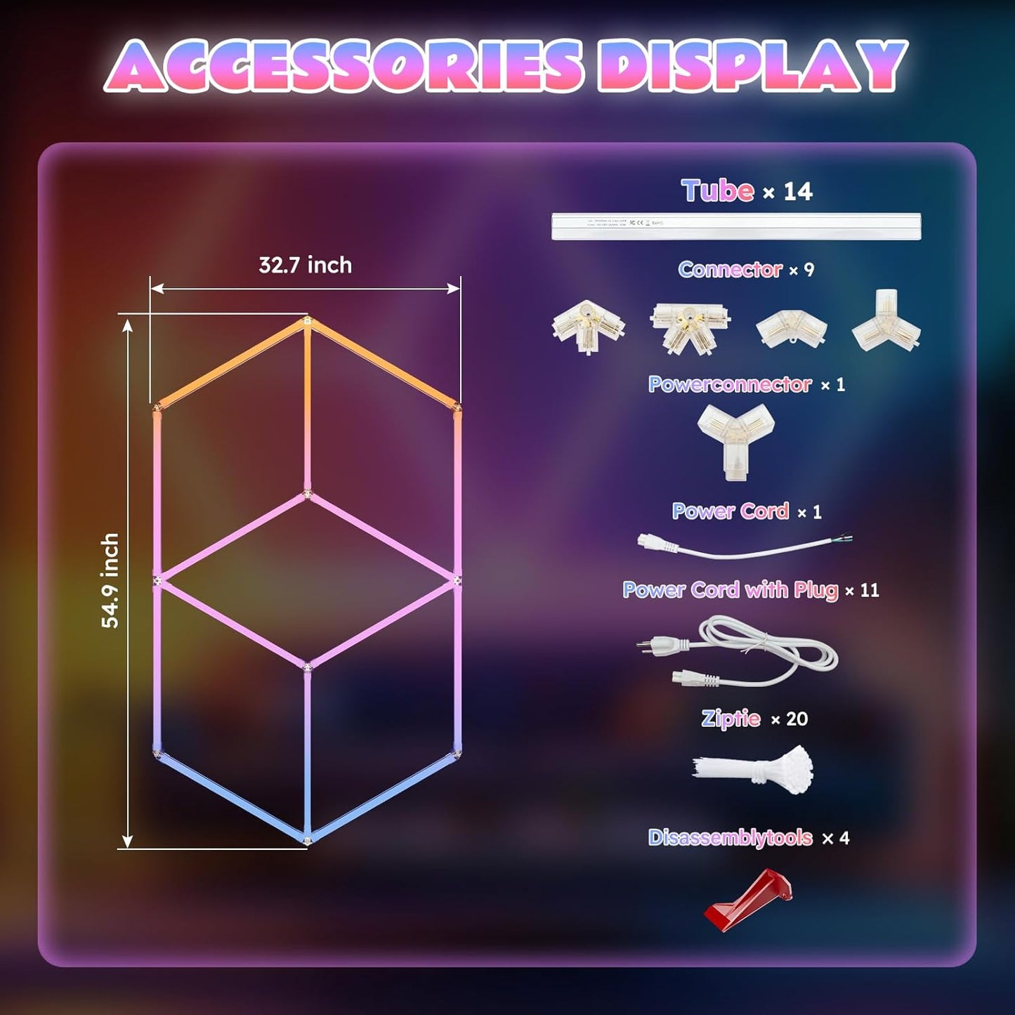 Hexagon Garage Lights RGB - Multicolor LED with Dimming,Speed Control, Perfect for Gaming Setups, Home Bars, Music Studios, DIY Home Gym Lighting