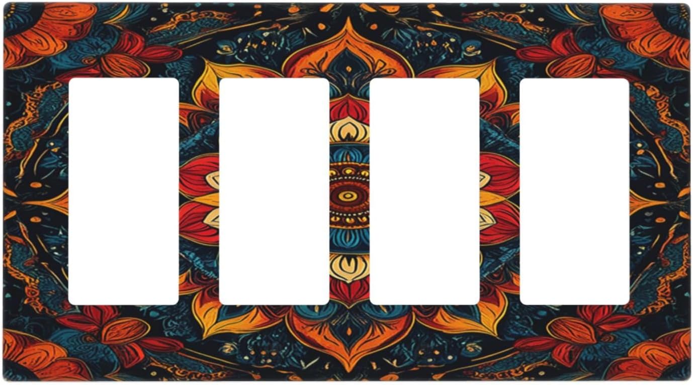 Boho Colorful Mandala 4 Gang Wall Plates Outlet Covers Quad Rocker Light Switch Cover Plate Decorative Switch Plates GFCI Electrical Faceplate for Bathroom Bedroom Decor 4.5 X 8 IN