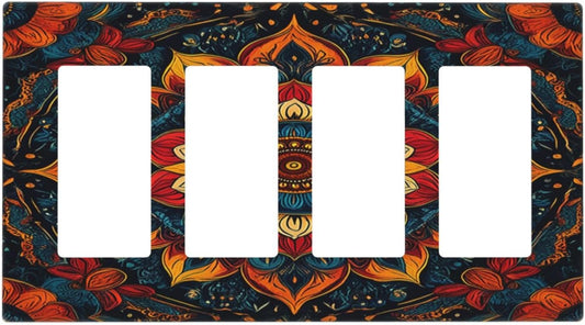 Boho Colorful Mandala 4 Gang Wall Plates Outlet Covers Quad Rocker Light Switch Cover Plate Decorative Switch Plates GFCI Electrical Faceplate for Bathroom Bedroom Decor 4.5 X 8 IN