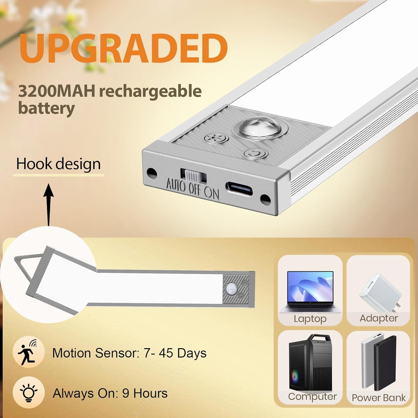 Under Cabinet Lighting 13.5Inch, 3200mAh Under Cabinet Lights Motion Sensor 3 Color, Rechargeable 118LED Magnetic Light Bar Indoor,Wireless Battery Operated Closet Lights for Kitchen Home Stairs,2Pack