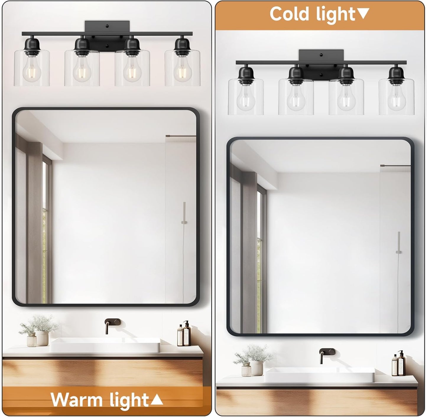 Modern 4 Light Bathroom Light Fixtures, 24 inch Black Vanity Lights for Bathroom with Clear Glass, Bathroom Vanity Light for Mirror Kitchen Living Room Hallway Cabinet Porch